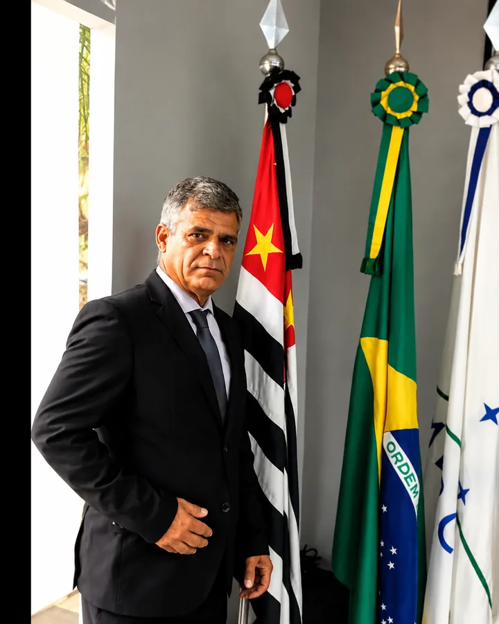Luiz Escobar de terno, ao lado das bandeiras de São Paulo e do Brasil